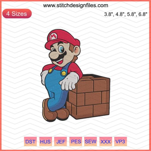 Super Mario Tanooki embroidery design file with Mario character for machine embroidery; colorful, detailed, digital download.
