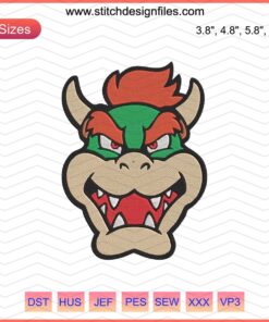 Bowser Head Embroidery Design: Mario-themed machine embroidery file featuring Bowser's iconic face. Ideal for Nintendo fans.