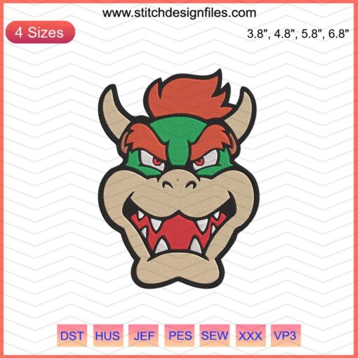Bowser Head Embroidery Design: Mario-themed machine embroidery file featuring Bowser's iconic face. Ideal for Nintendo fans.