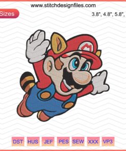 Super Mario Tanooki Fly Embroidery Design File featuring Mario in Tanooki Suit for Machine Embroidery.