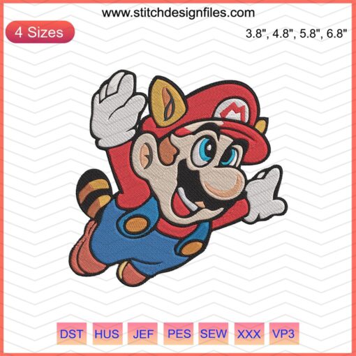 Super Mario Tanooki Fly Embroidery Design File featuring Mario in Tanooki Suit for Machine Embroidery.