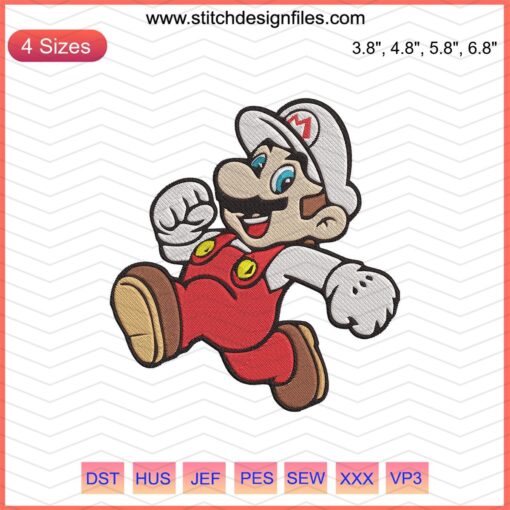 Mario White Embroidery Designs File: Mario character machine embroidery pattern with intricate stitching details.