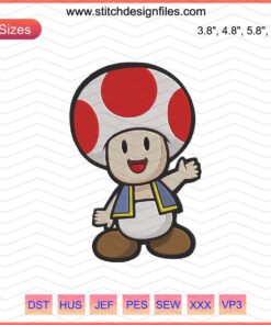 Toad Mario Embroidery Designs File: Cute Mario-themed Toad embroidery pattern for machine stitching.