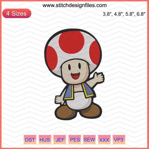 Toad Mario Embroidery Designs File: Cute Mario-themed Toad embroidery pattern for machine stitching.