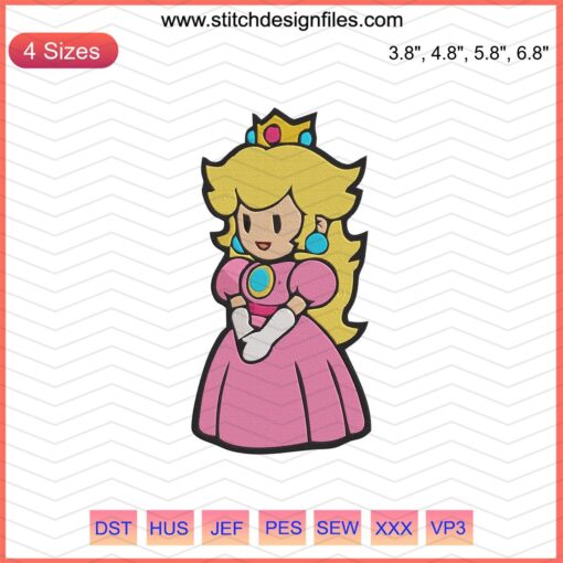 Princess Peach Mario Embroidery Design File - Digital Machine Embroidery, Video Game-Inspired Stitch Pattern Download