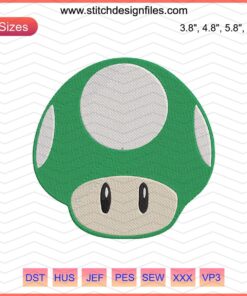Retro Mushroom Green Embroidery Design File featuring Mario-inspired patterns for machine embroidery projects.