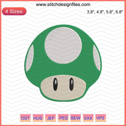 Retro Mushroom Green Embroidery Design File featuring Mario-inspired patterns for machine embroidery projects.