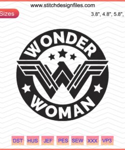 Wonder Woman logo embroidery design file, DC Comics machine embroidery patterns, superhero emblem.