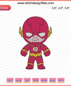 Baby Flash Embroidery Designs File, DC Comics-inspired machine embroidery featuring cute Flash character, superhero embroidery pattern.
