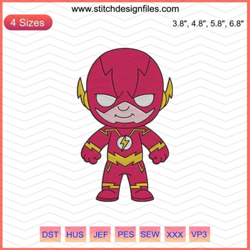 Baby Flash Embroidery Designs File, DC Comics-inspired machine embroidery featuring cute Flash character, superhero embroidery pattern.