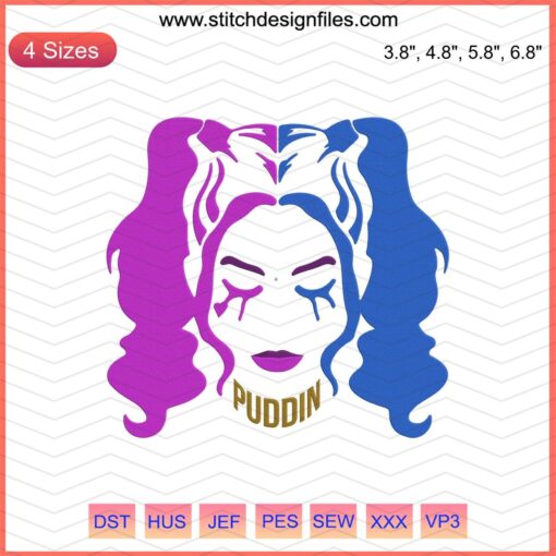Harley Quinn vibrant machine embroidery design, DC Comics character, bold colors, unique patterns for embroidery enthusiasts.
