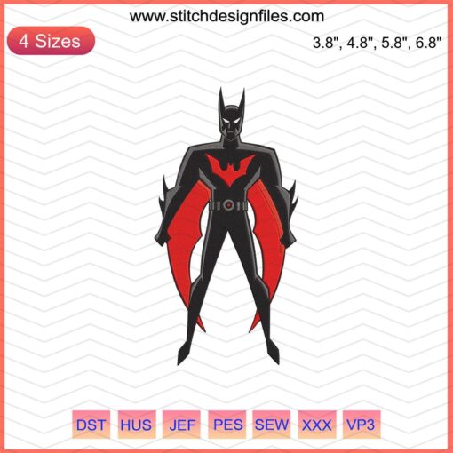 Colorful Batman cartoon embroidery design file, DC Comics embroidery pattern for machine stitching, superhero theme.