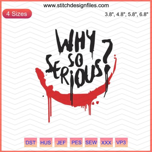 Joker Embroidery Designs File, DC Comics Machine Embroidery, Why So Serious Themed, Vibrant Joker Face Pattern.