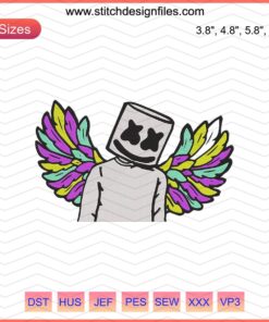 Marshmello Colorful Wing Embroidery Design File, Vibrant Machine Embroidery Pattern with Unique Marshmello Style Wings