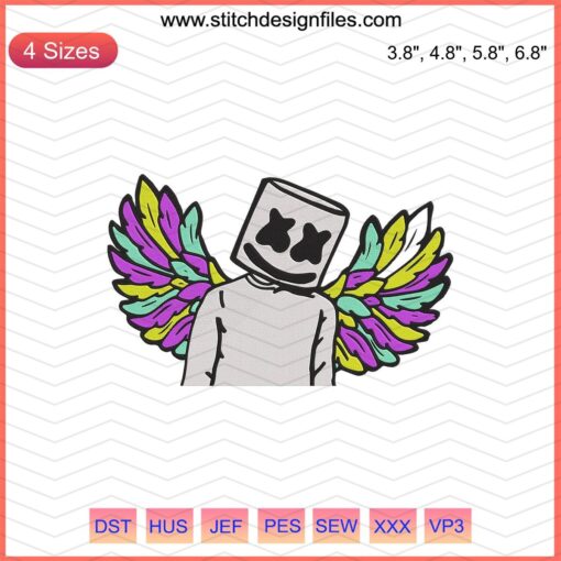 Marshmello Colorful Wing Embroidery Design File, Vibrant Machine Embroidery Pattern with Unique Marshmello Style Wings