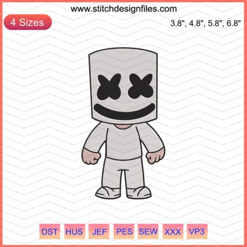 Marshmello Chibi Embroidery Designs File for Machine Embroidery, Cute DJ Character Stitch Pattern Download