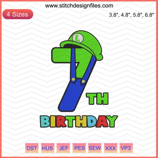 "7th Birthday Luigi Bros Embroidery Designs File: Colorful, playful Luigi design for birthday machine embroidery projects"
