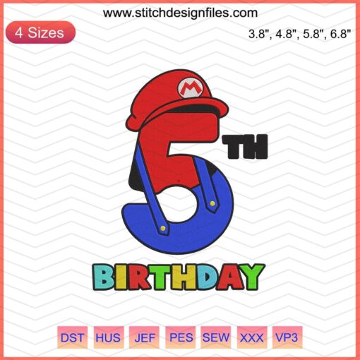 5th Birthday Mario Bros Embroidery Designs File with vibrant Mario-themed motifs for machine embroidery enthusiasts.