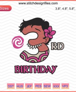 Moana-themed 3rd birthday embroidery design, colorful machine embroidery file, featuring Moana elements and number 3.