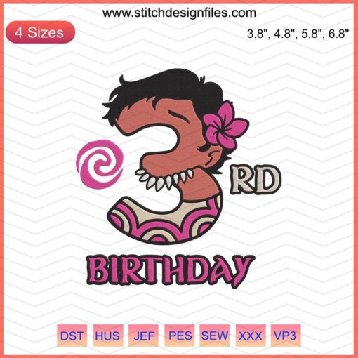 Moana-themed 3rd birthday embroidery design, colorful machine embroidery file, featuring Moana elements and number 3.