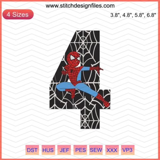 Spider Man 4th Birthday Embroidery Design File - Vibrant, Detailed Machine Stitching Pattern for Kids' Apparel