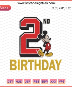 "Happy Birthday 2nd Disney Mickey Embroidery Design, Birthday Machine Embroidery Patterns - Digital Download"