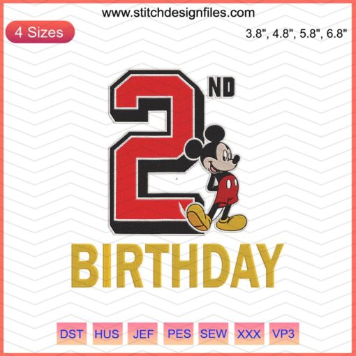 "Happy Birthday 2nd Disney Mickey Embroidery Design, Birthday Machine Embroidery Patterns - Digital Download"
