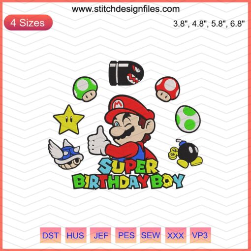 Super Birthday Boy Mario Embroidery Designs, Birthday Machine Embroidery Patterns for Creative DIY Projects