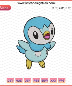 Piplup Pokemon embroidery design file for machine embroidery, featuring adorable Piplup character in vibrant colors. Downloadable pattern.