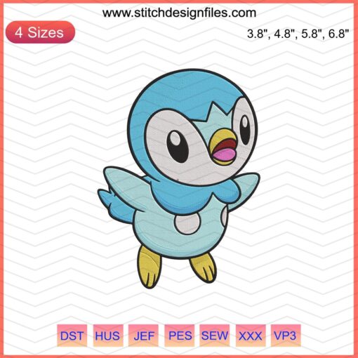 Piplup Pokemon embroidery design file for machine embroidery, featuring adorable Piplup character in vibrant colors. Downloadable pattern.