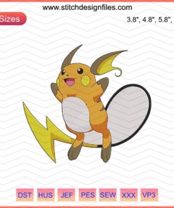 Raichu Pokemon Embroidery Designs File, vibrant digital pattern for machine embroidery, ideal for Pokemon-themed creations.