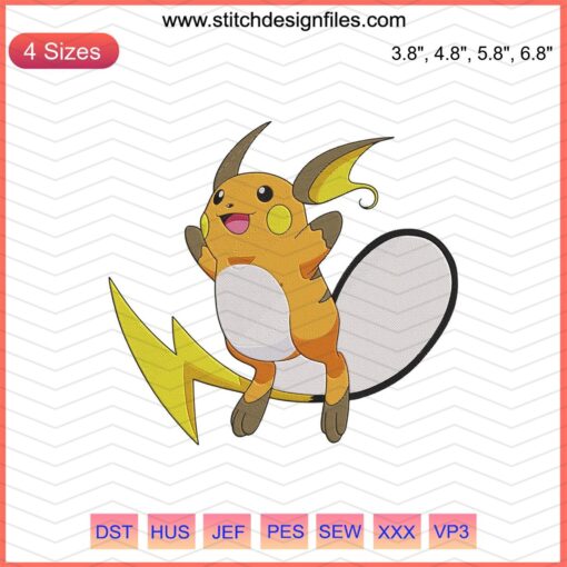 Raichu Pokemon Embroidery Designs File, vibrant digital pattern for machine embroidery, ideal for Pokemon-themed creations.