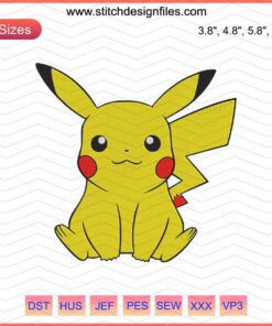 Adorable Pikachu embroidery pattern file, perfect for Pokemon-themed machine embroidery projects, cute design download.