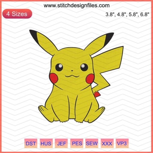 Adorable Pikachu embroidery pattern file, perfect for Pokemon-themed machine embroidery projects, cute design download.