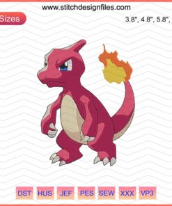 Charmeleon Pokemon Embroidery Design File: Vibrant machine embroidery pattern featuring Charmeleon for crafting, Pokemon lover gift.