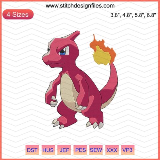 Charmeleon Pokemon Embroidery Design File: Vibrant machine embroidery pattern featuring Charmeleon for crafting, Pokemon lover gift.