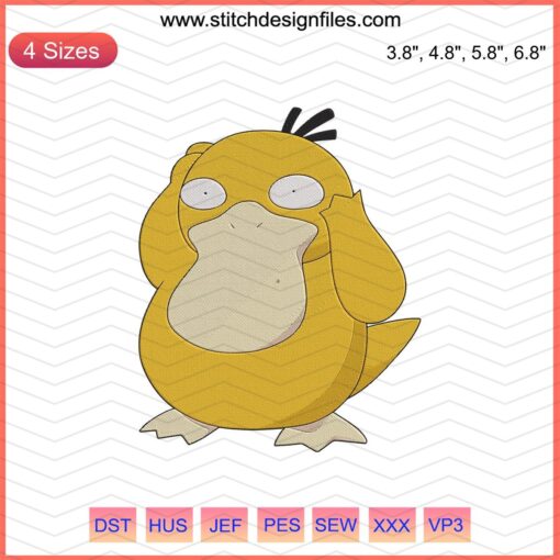 Psyduck Pokemon Embroidery Download: Machine Embroidery Design featuring Psyduck for DIY crafts, sewing projects.