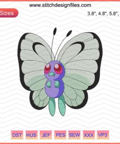 Butterfree Pokemon Embroidery Designs File, machine embroidery pattern featuring vibrant Butterfree details.
