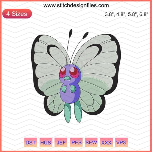 Butterfree Pokemon Embroidery Designs File, machine embroidery pattern featuring vibrant Butterfree details.
