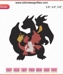Charmander Evolution Embroidery Designs: Pokemon Machine Embroidery Files featuring Charmander, Charmeleon, Charizard patterns.