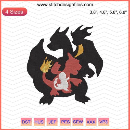 Charmander Evolution Embroidery Designs: Pokemon Machine Embroidery Files featuring Charmander, Charmeleon, Charizard patterns.