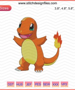 "Downloadable Charmander Pokemon machine embroidery design file; vibrant design for crafting and personalization."