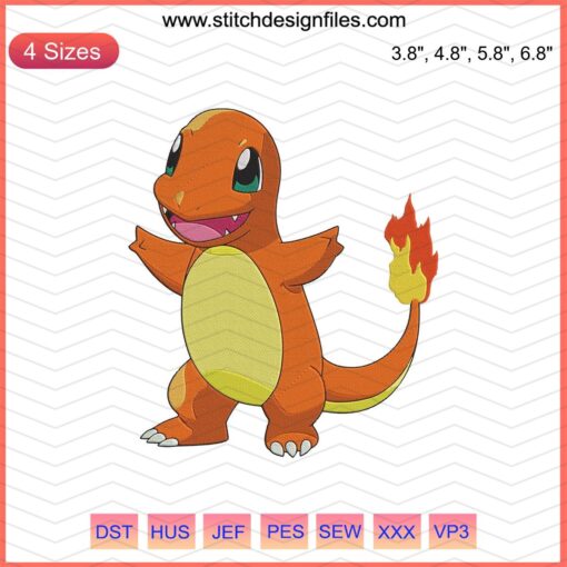 "Downloadable Charmander Pokemon machine embroidery design file; vibrant design for crafting and personalization."