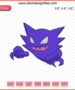 Haunter Pokemon Embroidery File: Machine Embroidery Design, Spooky Ghost-Like Creature with Hands, Perfect for Pokemon Fans.