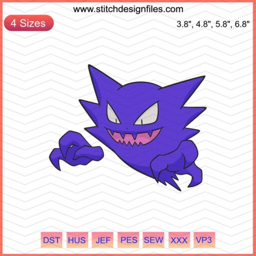 Haunter Pokemon Embroidery File: Machine Embroidery Design, Spooky Ghost-Like Creature with Hands, Perfect for Pokemon Fans.
