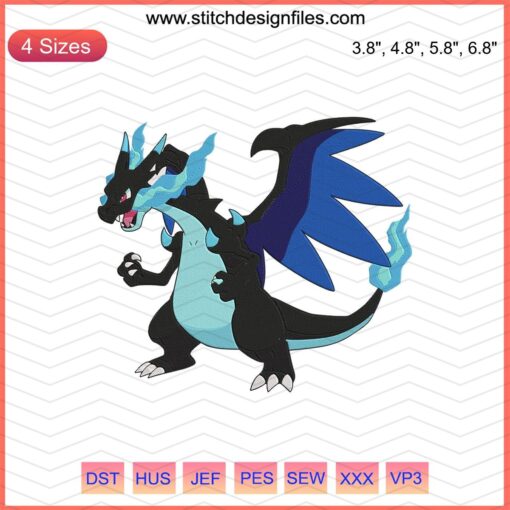 Mega Charizard Ice Embroidery Design File, Pokemon Machine Embroidery, Intricate Charizard Ice Pattern for Digital Download
