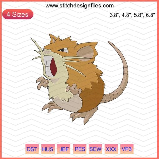 Raticate Male Embroidery Designs File: Pokemon-Inspired Machine Embroidery, Digital Download, Seamless Stitch Pattern.