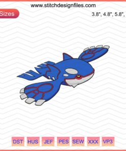 Kyogre Pokemon Embroidery File: Detailed embroidery design for machine stitching, perfect for Pokemon fans and crafters.
