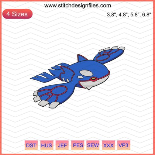 Kyogre Pokemon Embroidery File: Detailed embroidery design for machine stitching, perfect for Pokemon fans and crafters.