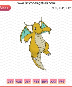 Dragonite Pokemon machine embroidery design file, colorful Dragonite stitching pattern for embroidery enthusiasts.